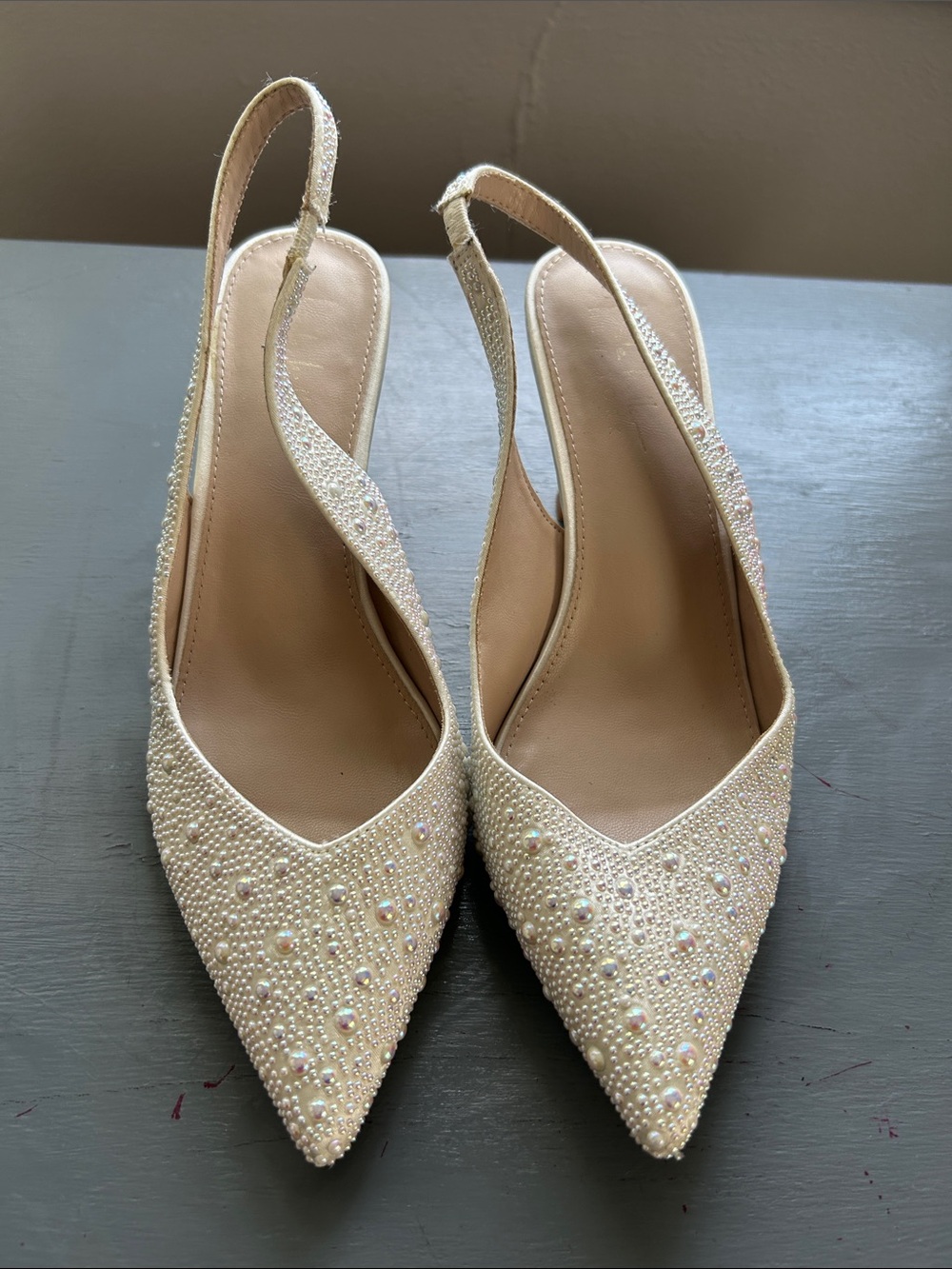 Pearl-Embellished Ivory Slingback Heels